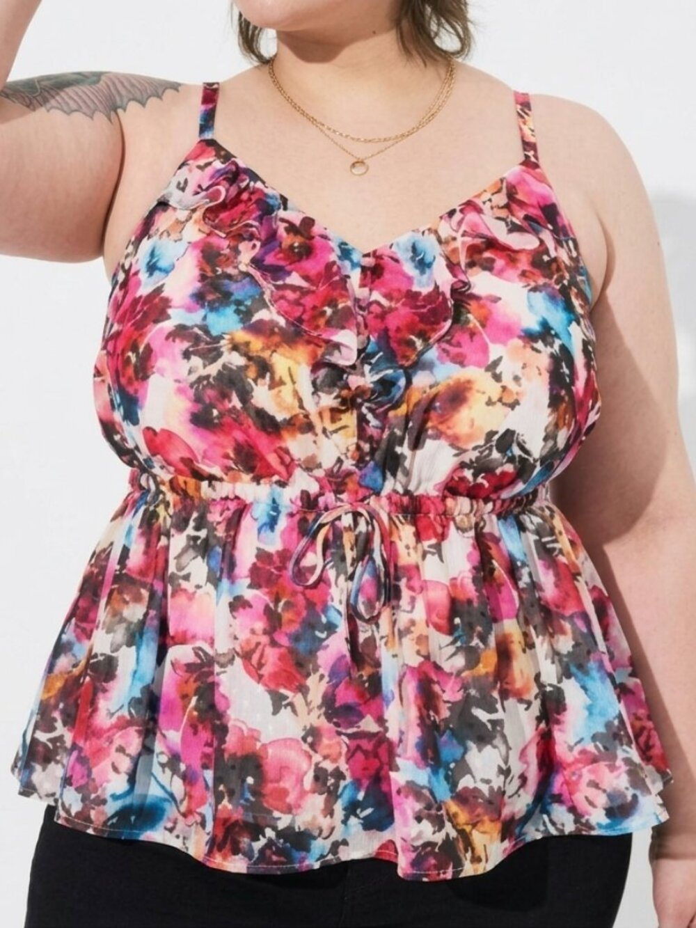 TORRID 1 Plus Size Chiffon Clip Dot Ruffle Tie Waist Tank Multi Floral Coquette